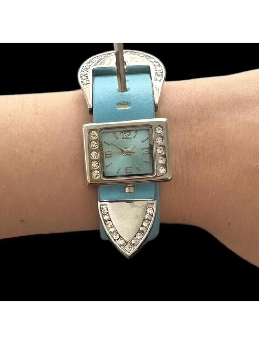 Vintage Blue Faux Leather Rhinestone Accent‎ Watch